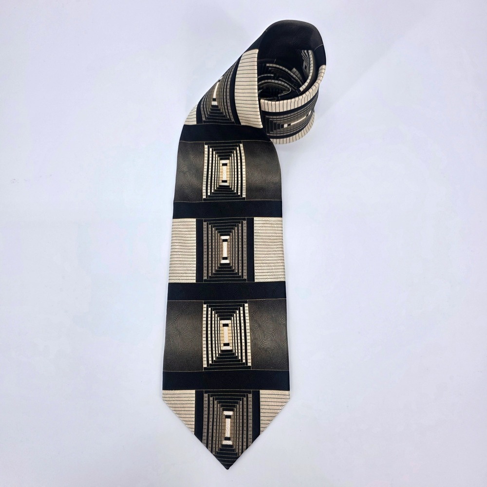 Duomo Milano‎ Mens Silk Tie Black Grey Cream Geometric Architectural Handmade 4"